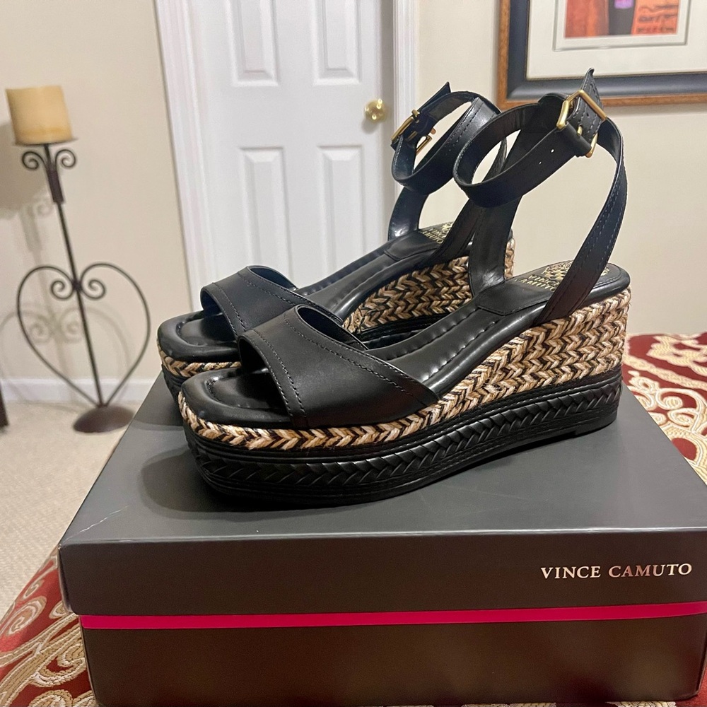 Vince Camuto Black Strappy Wedge Shoes - Neverworn